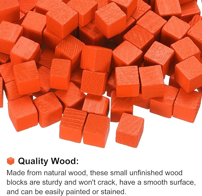 uxcell 300Pcs Wood Blocks for Crafts, 1cm Unfinished Wood Cube Solid Wooden Blank Square Block for DIY Craft Projects Personalized Gifts, Orange