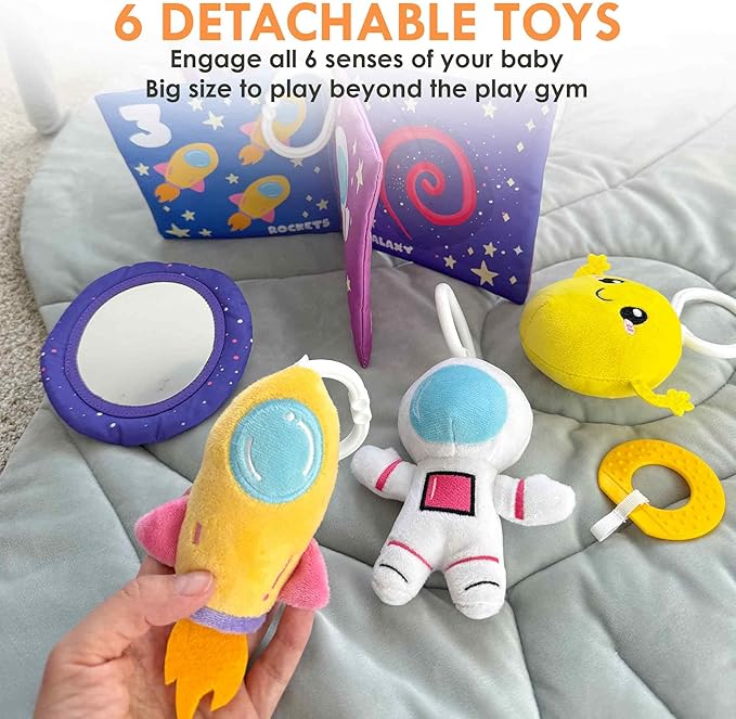 QUOKKA Baby Play Gym XL – Rocket-Shaped Baby Play Mat with 6 Large Sensory Toys – Tummy Time Mat for Infant Development – Machine Washable Newborn Essentials Must Haves – Gender Neutral Gift Items