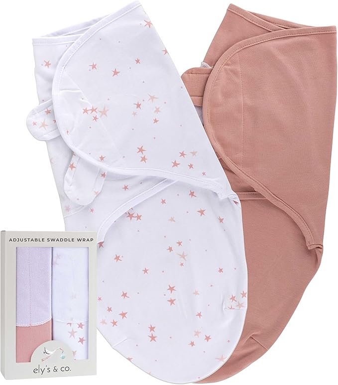 Ely's & Co. Adjustable Swaddles for Newborn, Baby Swaddles 0-3 Months, Swaddle Sack for Baby Girl, 100% Cotton, 2 Pack (Dusty Rose and Mauve Pink Star)