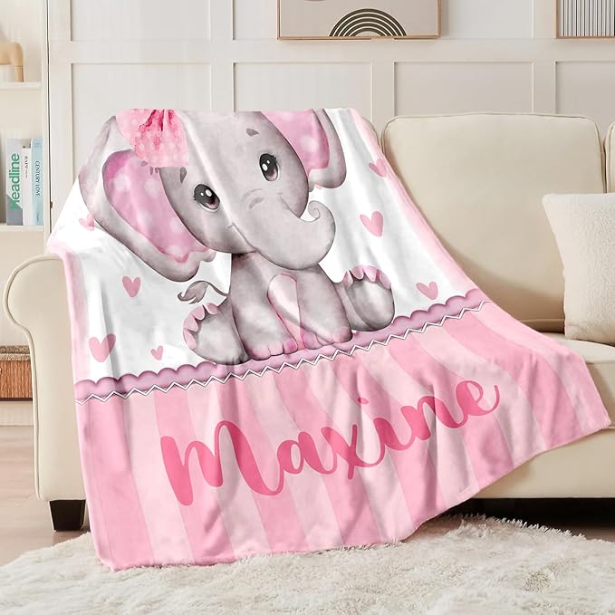 Personalized Baby Blanket for Girls, Custom Baby Blanket with Name, Soft Cozy Personalized Name Blankets for Kids, Customized Elephant Blanket for Infant Toddler Birthday Christmas
