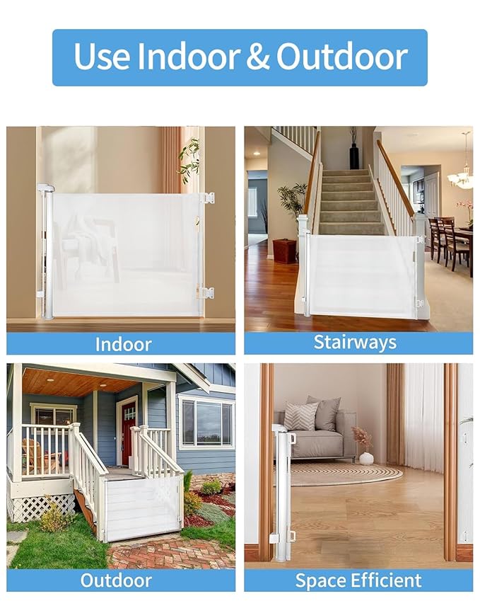 Retractable Baby Gate for Doorways and Stairs, Mesh Safety Gate for Pet, Indoor & Outdoor Use, One-Hand Operation, Easy Installation, 33.6" Tall, Expands to 55" Wide（White,33.6"x55")
