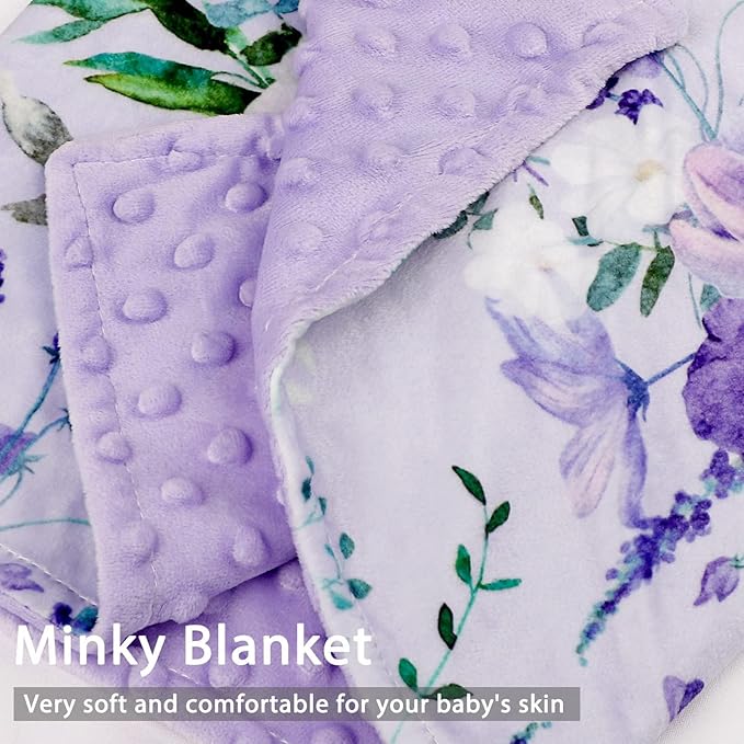 Baby Blankets for Girls Boys Soft Plush Minky Blanket 30x40 Inches with Double Layer Dotted Backing for Toddler Newborn, Purple Crib Blanket for Nursery, Baby Car Seat, Pet, Floral