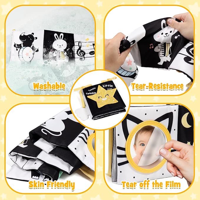 OKOOKO Black and White High Contrast Baby Book 0-6 Months Baby Soft Book Tummy Time Toy Crib Stroller Toy Montessori Sensory Toy Early Education Months Newborn Infant for 0+