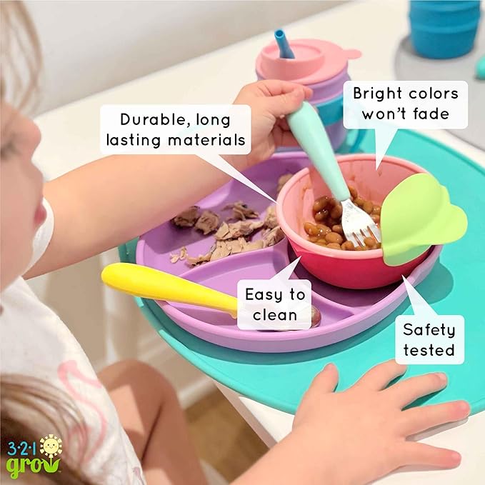 Silicone Easy Scoop & Hold Bowl Set – Adaptive Baby & Toddler Feeding Bowls with Clip-On Rim and Handle – Helps Build Independence & Coordination – 2 Pack – Dishwasher Safe (Grape)