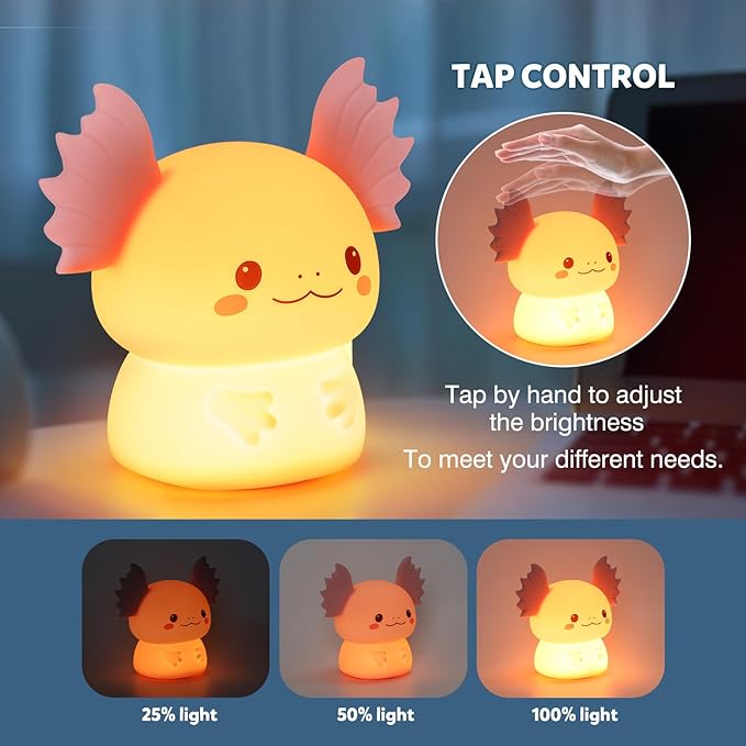 Axolotl Night Light for Kids, Rechargeable Bedroom Bedside Lamp, Night Lamp for Kids Room, Dimmable Nursery Night Light,Girls Boys Room Decor 3 Level Brightness,Animal NightLight for Baby and Toddler