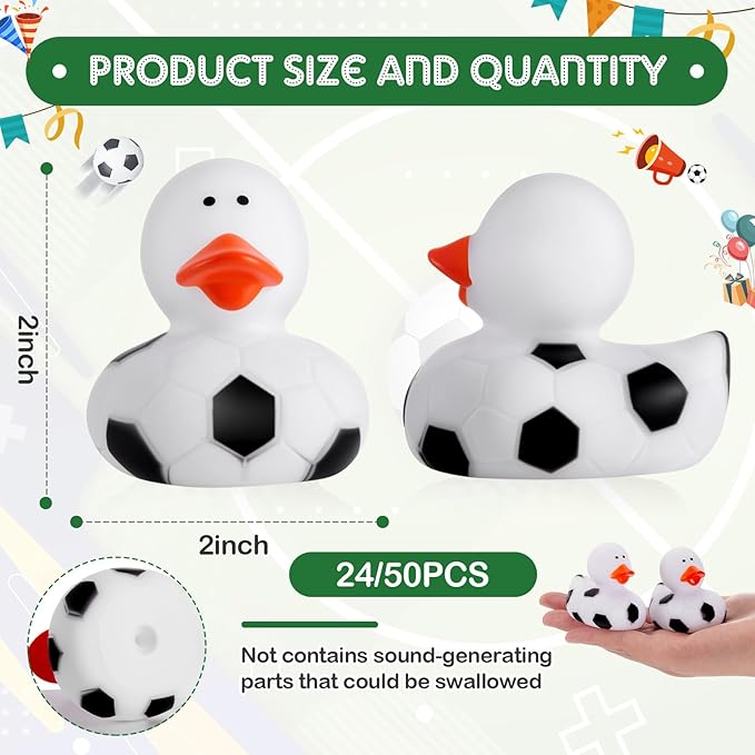Deekin 24 Pcs Rubber Duck 2 Inch Bulk Sport Party Favors for Birthday Party Decorations Club Player Gift (Soccer)