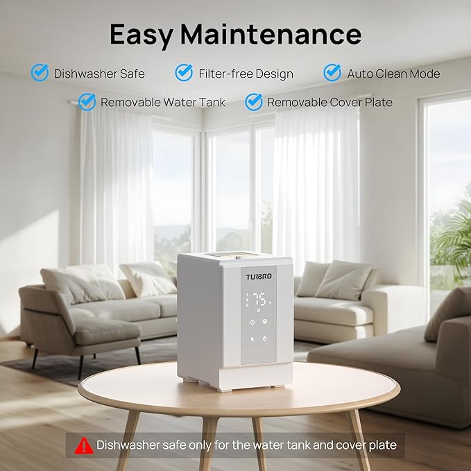 TURBRO 4L/1Gal 304 Stainless Steel Steam Humidifier, Warm Mist Humidifier for Bedroom Baby Nursery, 500 mL/h Output, Dishwasher Safe, Easy to Clean, 2 Misting Levels with Sleep Mode 1-12h Timer, GLS04