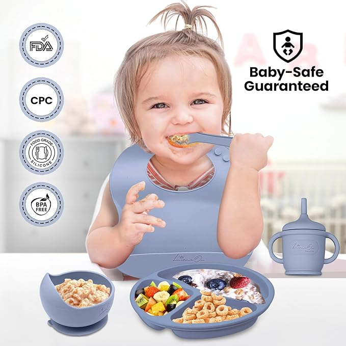 Silicone Baby Feeding Set – 10 Pcs Baby Led Weaning Supplies & Self Feeding Kit | BPA-Free Toddler Plates and Bowls Set, Bib, Fruit Feeder, Cup, Spoons & Forks – Empower Independence with LimeOr -Gray