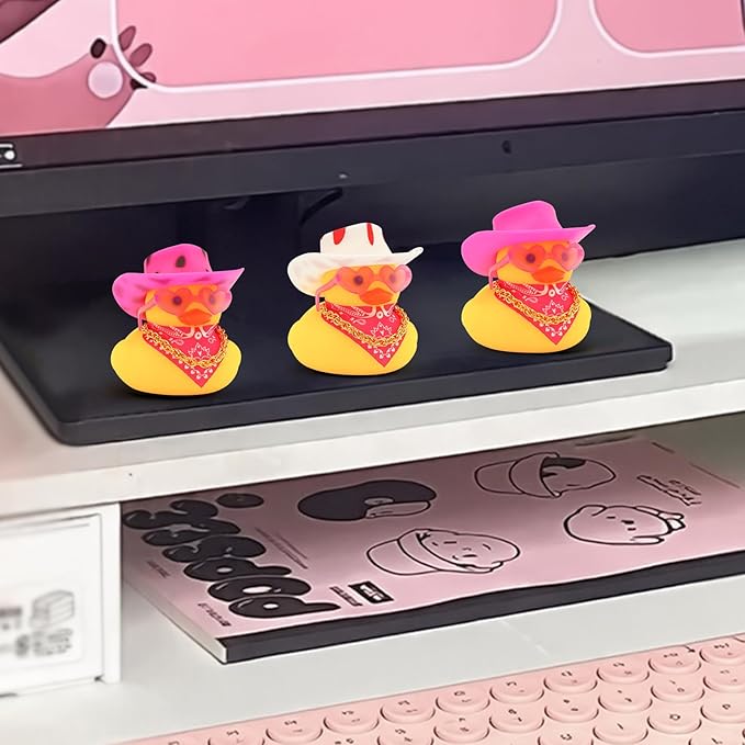 Quackly Pink Cowboy Rubber Duck, Car Dashboard Decoration Ducks with Cowboy Hat Necklace Sunglasses, White