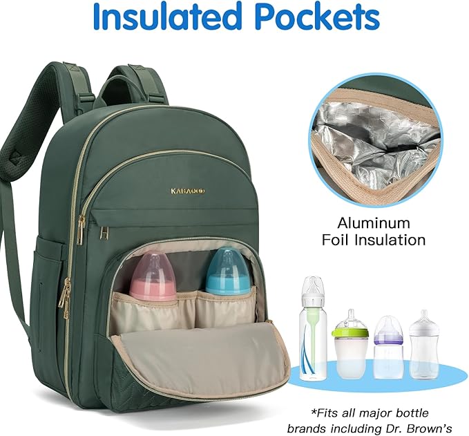 KABAQOO Baby Diaper Bag Backpack, Waterproof Diaper Backpack for Mom & Dad with Changing Pad, Insulated Pockets and Stroller Straps, Baby Shower Gifts for Girls & Boys, Sage
