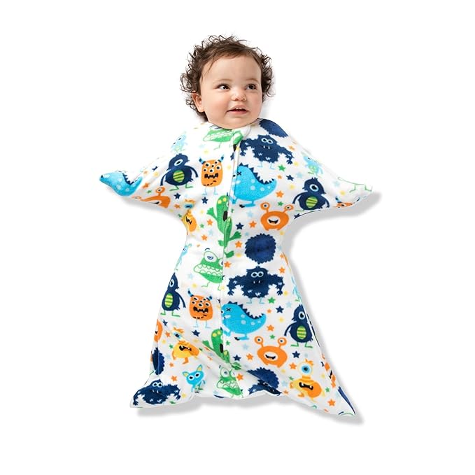 SleepingBaby Zipadee-Zip Transition Swaddle - Cozy Fleece Wearable Blanket with Two-Way Zipper for Baby Sleep - Monster Madness, Medium (6-12 Month)