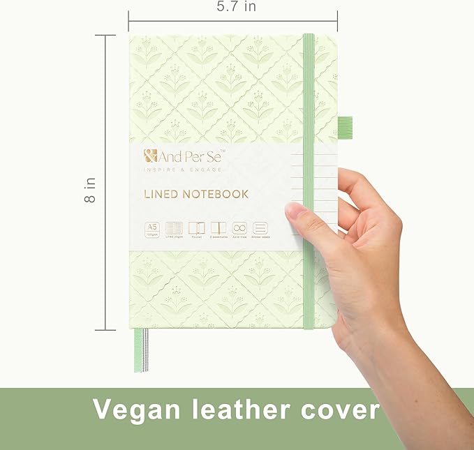 &And Per Se Lined Journal Notebook for Women&Men with Pattern, 160 Pages 100GSM Thick Paper, A5 Hardcover Journals for Writing(Light Green)