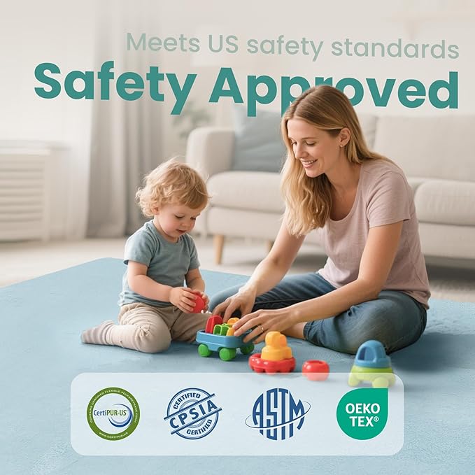 Baby Play Mat for Floor,1.3" Thick Elasti-Foam 50"×74" Playpen Mat for Tummy Time,Water Repellent Soft Coral Velvet for Toddler,Infant,Kids,Non-Slip Backing Safe for Crawling(Light Blue)