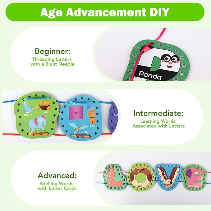 Vodolo 26pcs Lacing Cards,Travel Sewing Kit for Kids,Lacing Letters Sequencing Cards Threading Toy,Double Sided Sewing Cards Fine Motor Skills Threading Learning Toys,Classroom Must Haves Supplies