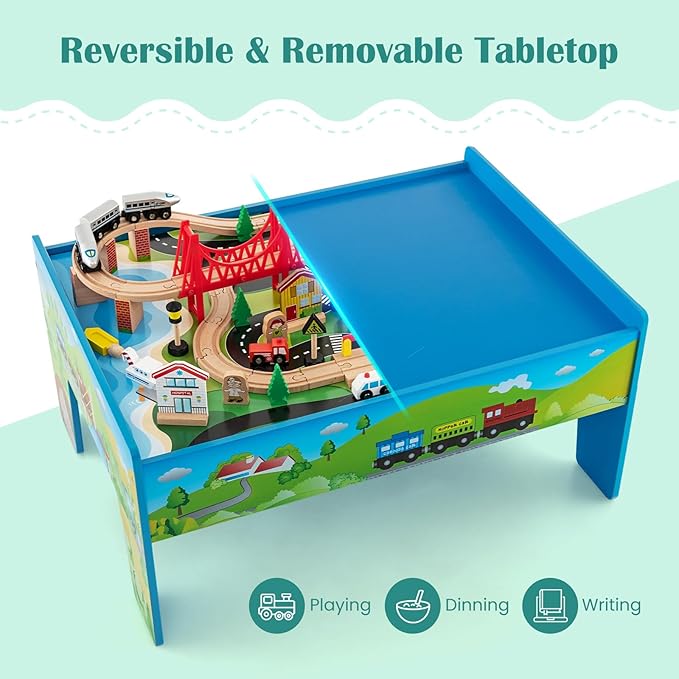GLACER 80-Piece Train Table, Large Multipurpose Wooden Toy Activity Table Playset with Reversible Detachable Tabletop, Railway Tracks, Trains, Cars, DIY Design, Gift for Boys Girls Age 3+, Multi-Color