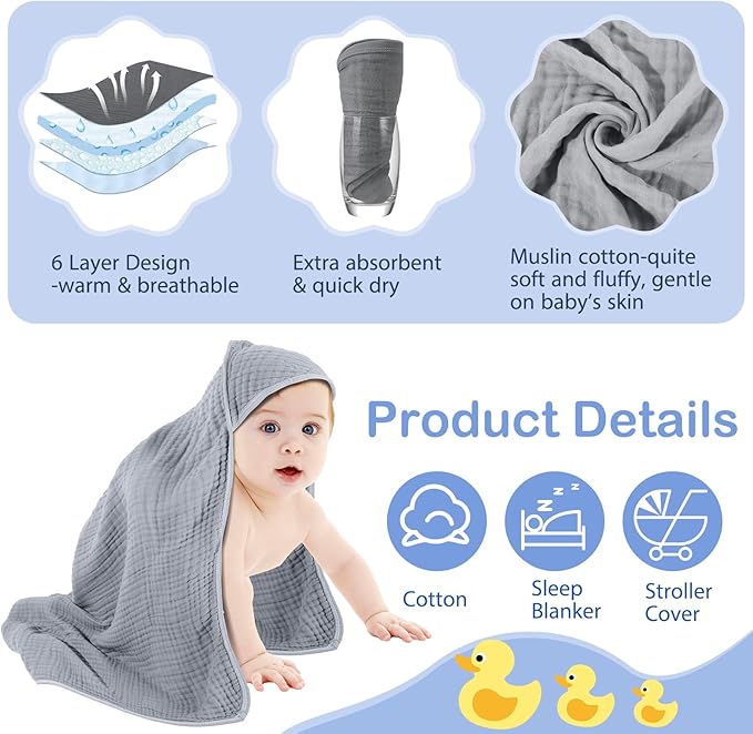 Peryiter 6 Pcs Muslin Hooded Baby Towels, 32"x 32" Cotton Newborn Bath Towel Muslin Infant Baby Blankets Absorbent Unisex Newborn Registry Gift Essentials for Girls Boys (Dark Color Series)