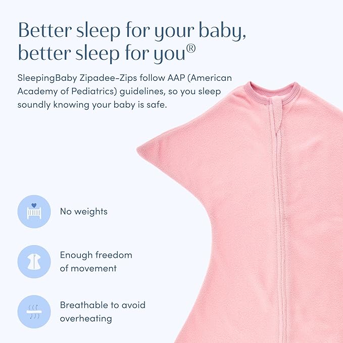 SleepingBaby Zipadee-Zip Transition Swaddle - Cozy Fleece Wearable Blanket with Two-Way Zipper for Baby Sleep - Rose Pink, X-Small (3-6 Month)