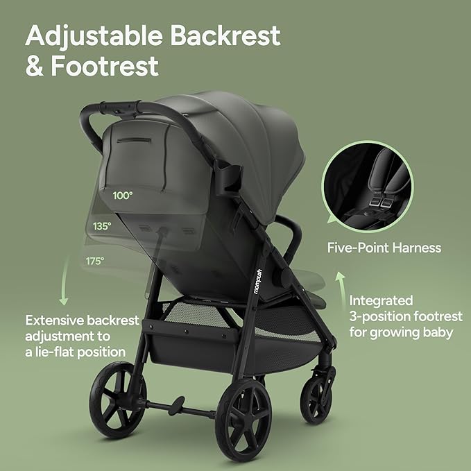 Mompush Nova Baby Stroller for Toddler, Infant & Newborn | Spacious Seat & Lie-Flat Mode | Compact One-Hand Fold, UPF 50+ Canopy & All-Wheel Suspension | Includes Rain Cover & Cup Holder, Green