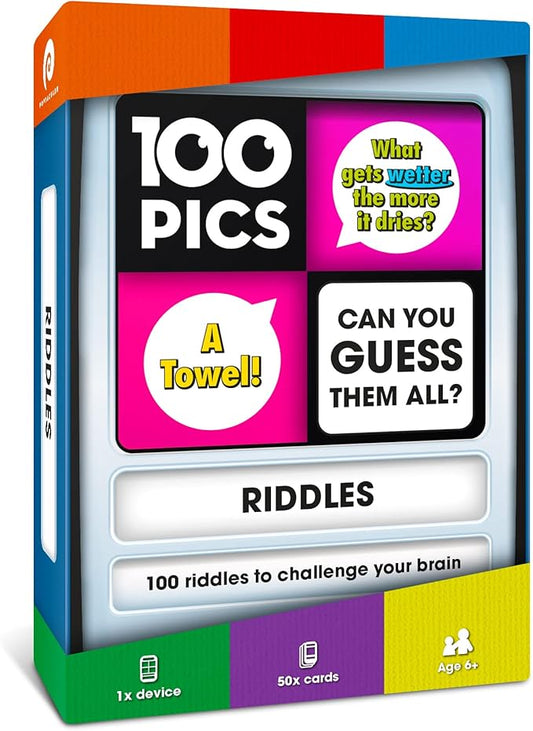 100 PICS Riddles Travel Game - Guess 100 Riddles | Flash Cards with Slide Reveal Case | Card Game, Gift, Stocking Stuffer | Fun for Kids and Adults | Ages 6+
