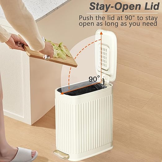 Small Bathroom Trash Can with Air Freshener Soft Close Lid, 6 Liter/ 1.6 Gallon Stainless Steel Garbage Can with Removable Inner Bucket,Step Pedal, Slim Wastebasket for Bedroom, Toilet (Ivory White)
