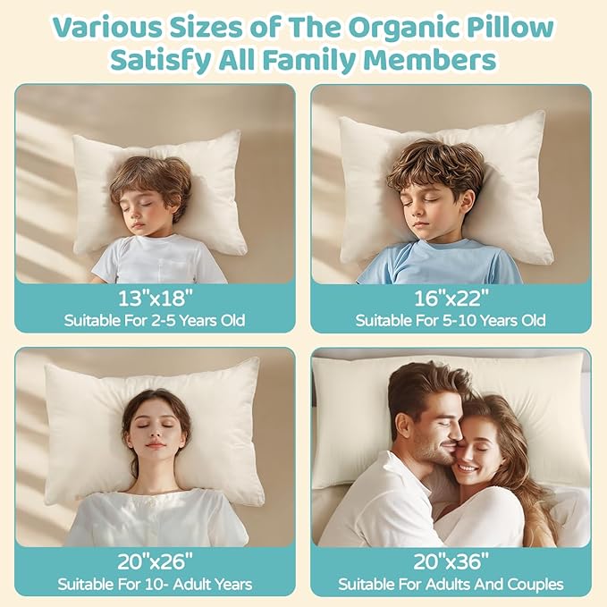 LOFE Organic Kids Pillow with Pillowcase - 16x22 Toddler Pillow with 100% Organic Cotton Shell, Adjustable Loft Youth Pillow, Machine Washable Organic plilow, Soft, Perfect for Kids&Youth&Children