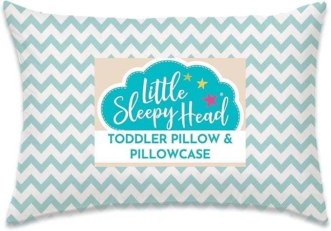 Little Sleepy Head Toddler Pillow with Pillowcase 13x18 - Kids Pillow for Sleeping - Better Neck Support Ergonomic Pillow and Toddler Pillowcase - Best Pillows for Kids (Chevron Teal)