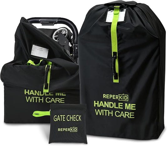 reperkid Medium Stroller Bag for Airplane Travel, Black & Green, 42" H x26 W x13 D, Fits Most Single Strollers Incl. Jogging & Standard Models – Premium Waterproof Cover, Adjustable Shoulder Straps