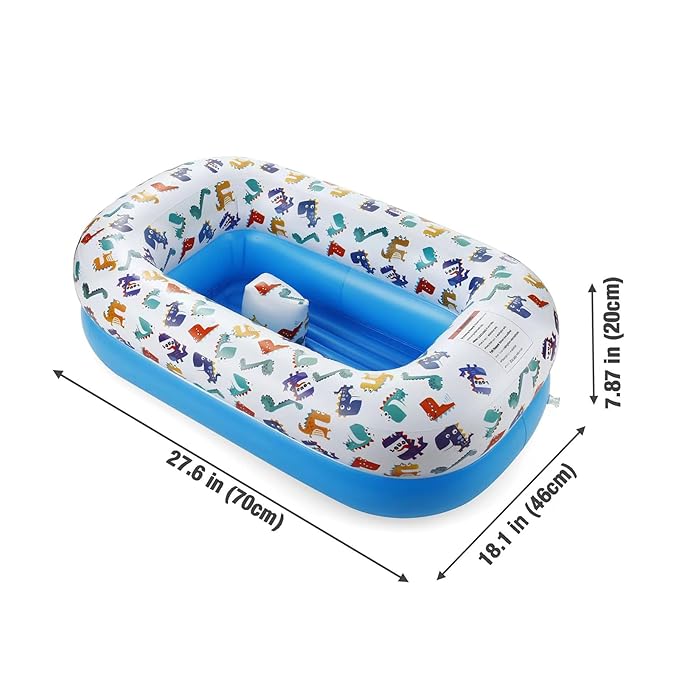 PandaEar Inflatable Dinosaur Baby Bathtub, Foldable Baby Infant Bath Tub Toddler Bathtub with Air Pump, Portable Travel Non-Slip Shower Basin Mini Air Swimming Pool for Newborn (Blue)