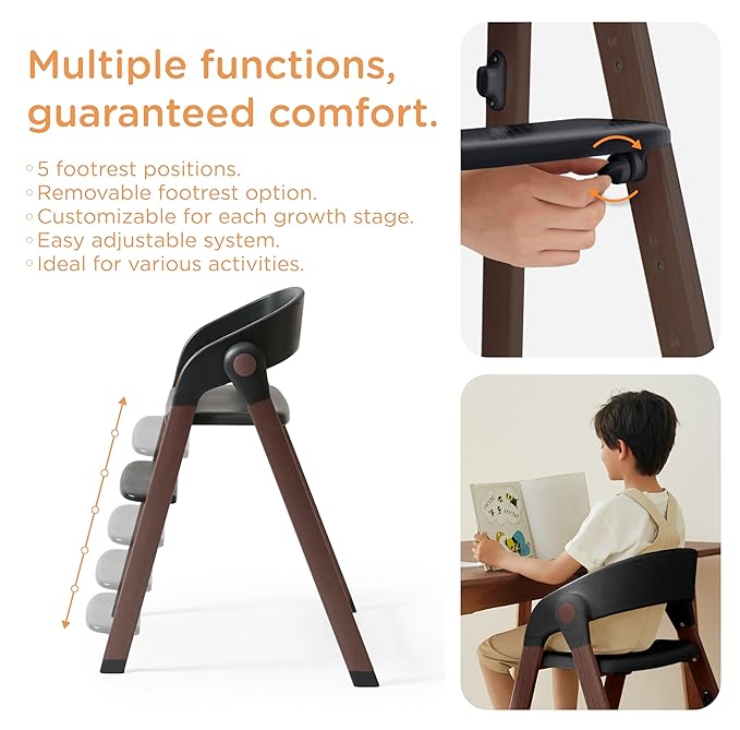 KUB High Chair for Babies and Toddlers Adjustable Foldable Convertible 5 Point Harness Easy Clean Wood-Printed Metal with Removable Tray Baby Highchair for Family (Black&Walnut Wood-Printed Metal)