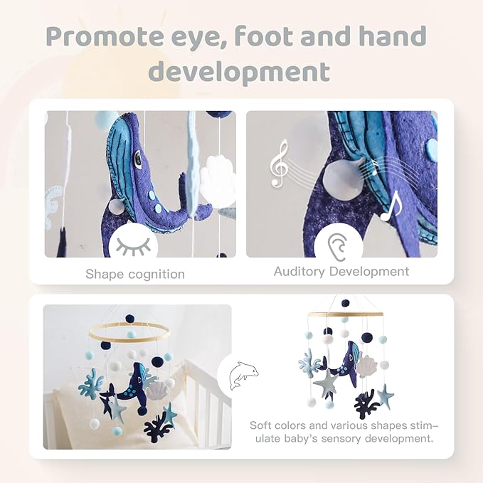 Baby Crib Mobile for Boys Girls - Ocean Animals Mobile for Crib, Gender Neutral Nursery Mobile, Baby Bassinet Mobile Toy for Soothing Sleep | Ceiling Mobile - Blue Whale, Shell, Coral, Starfish