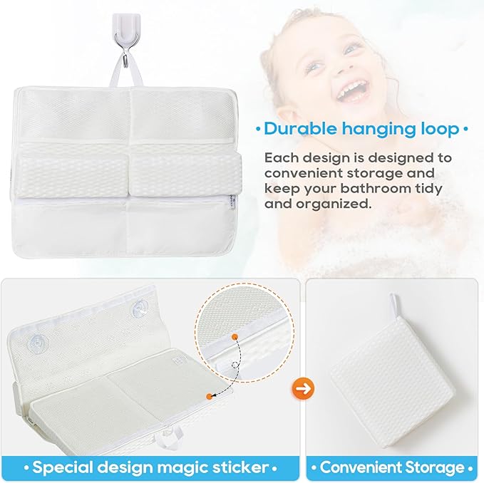 OS OMYSTYLE Baby Bath Kneeler and Elbow Rest Pad Set, 1.5'' Thick Quickly Dry Bathtub Kneeler Pad with Baby Toys & Bath Accessories Organizer, Kneeling and Elbow for Tub, Non-Slip Mat(White)