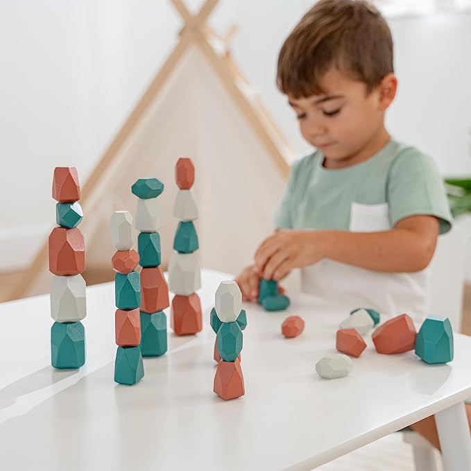 Comfy Cubs Stacking Rocks 36 Pieces, 36 Months+, Educational Toddler Stacking Blocks, Promotes Imagination, Balance & Fine Motor Skills - Wooden Rocks Sensory Toys Gift for Kid, Dino Pack