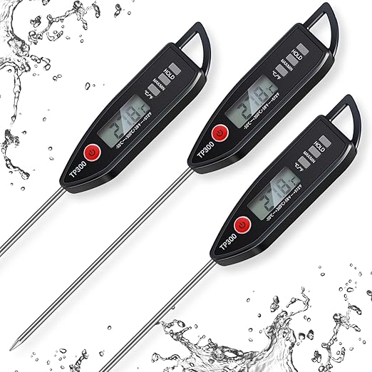 3 Pcs Instant Read Meat Thermometer with Long Probe 9.65 Inch Kitchen Cooking Food Candy Waterproof Digital Thermometer for BBQ Water Milk Yogurt Liquid (Pointed,Black)