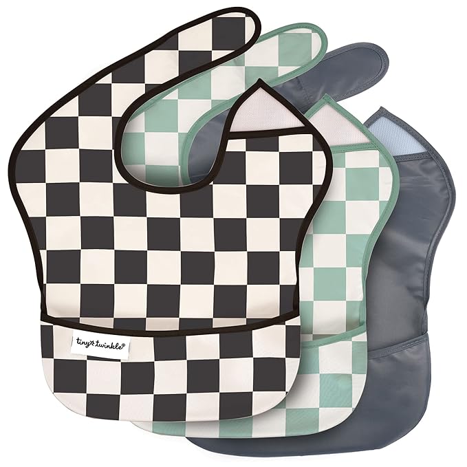 Tiny Twinkle Mess Proof Baby Bibs for Eating – Waterproof, Wipeable Toddler Bibs with Pocket – Baby Food Bibs for Girls & Boys(3 Pack,Checkers Boy)