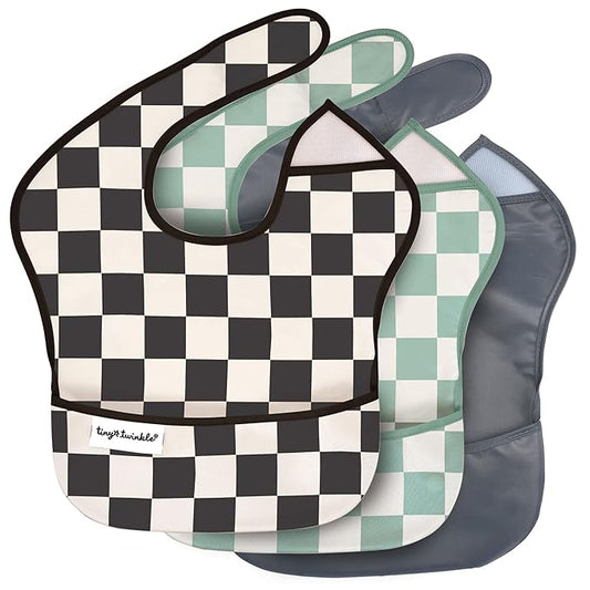 Tiny Twinkle Mess Proof Baby Bibs for Eating – Waterproof, Wipeable Toddler Bibs with Pocket – Baby Food Bibs for Girls & Boys(3 Pack,Checkers Boy)