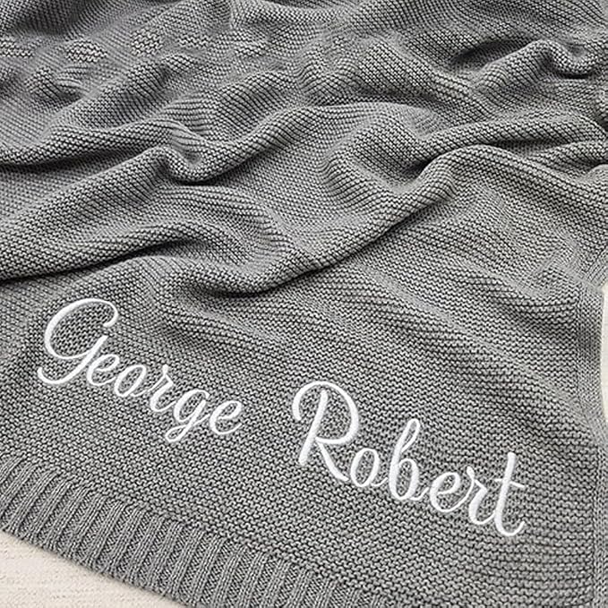 Luxury Personalized Name Knitted Baby Blanket -Embroidered, Soft Breathable Cotton Knit for Newborns - Valentine's Gift for New Moms, Baby Boy, Girl Birthday, Christmas.