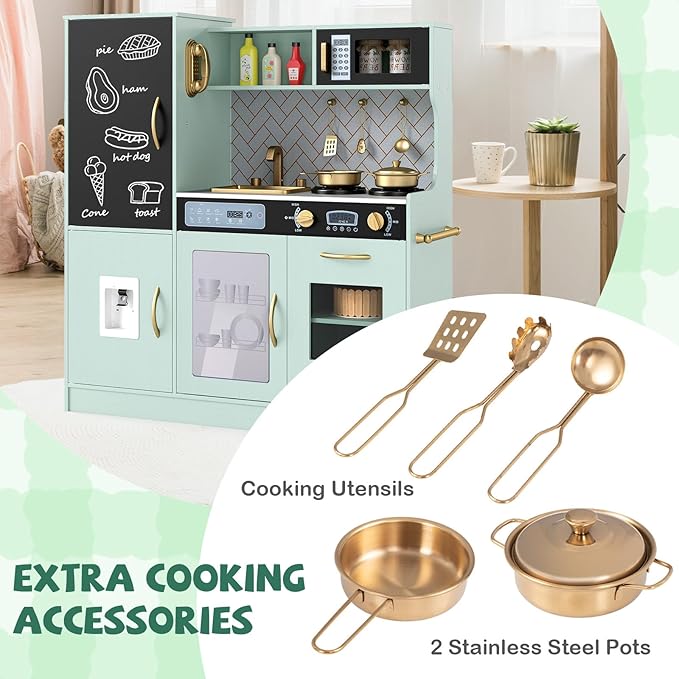 HONEY JOY Upgrade 39 in Kids Kitchen Playset, Large Wooden Little Chef Pretend Toy Kitchen Set w/Chalkboard, Telephone, Utensils, Oven, Microwave, Sink, Storage, Play Kitchen for Toddlers, Green