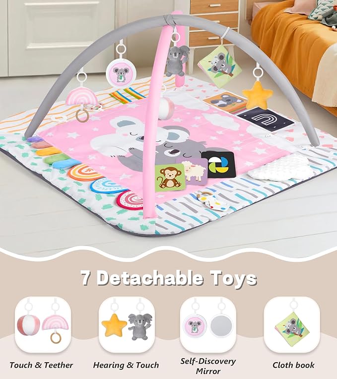 Baby Play Mat Activity Gym with Tummy Time Pillow, 6 Developmental Zones Tummy Time Mat, 6 Detachable Sensory Toys and Educational Cards, Essential Baby Shower Set, Pink Koala
