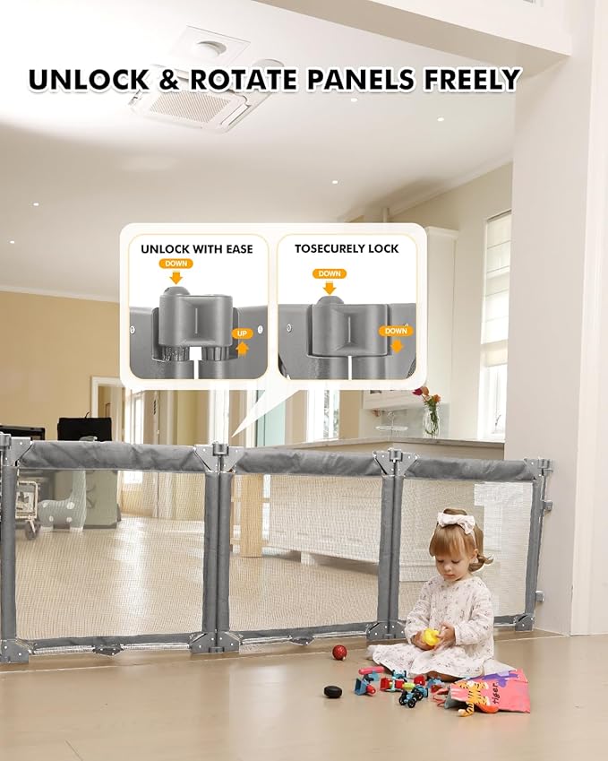 Extra Wide Baby Gate Playpen with Heat-Resistant Mesh,3 Panel Foldable Baby Fence,Indoor/Outdoor Safety Barrier,Dog Playpen & Fireplace Gate Gray