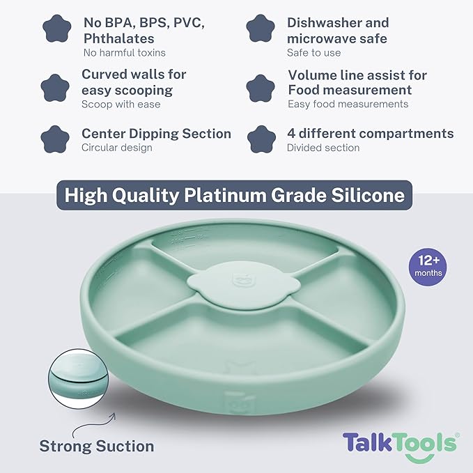 TalkTools Bitsy Feeding Kid's Essentials Plate Set – Toddler Utensils, Spoon and Fork, Lid, Perfect for Mealtime – Strong Suction with 4 Compartments (Plate-Sage)