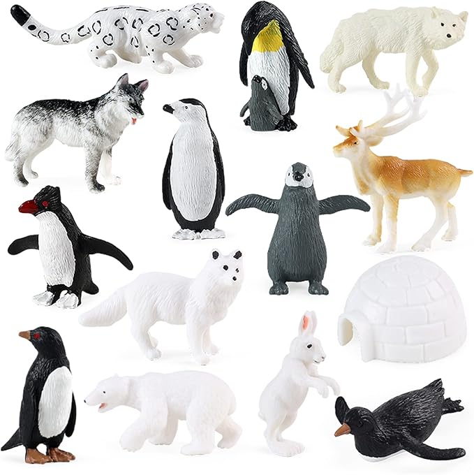 RCOMG Arctic Animals Figures, 14pcs Mini Polar Animal Figurines, Plastic Arctic Animal Toys Set with Arctic Fox Wolf Reindeer Penguins Toys