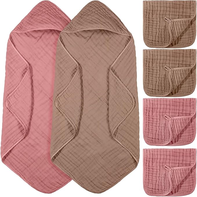VitalCozy 6 Pcs Baby Muslin Hooded Bath Towels and Washcloths, 32 x 32 Inch Muslin Cotton Hooded Baby Towels Absorbent Blankets for Gift Newborn Infant Shower(Light Bean Paste, Rose Pink)
