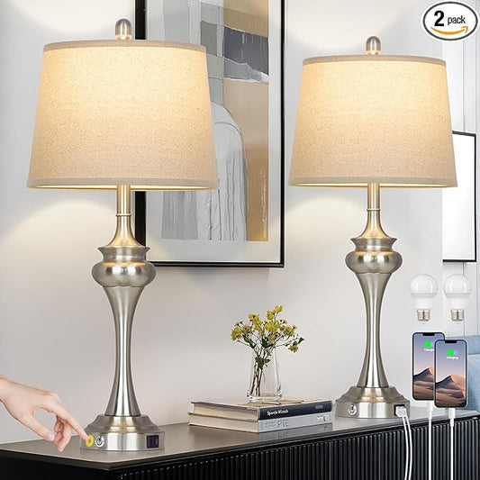 30" Silver Table Lamps Set of 2, 3 Way Touch Control Living Room Lamp with USB A+C Ports, Modern Brushed Nickel Bedroom Lamps, Tall Metal Bedside Lamp for Nightstand Desk Side Table Office