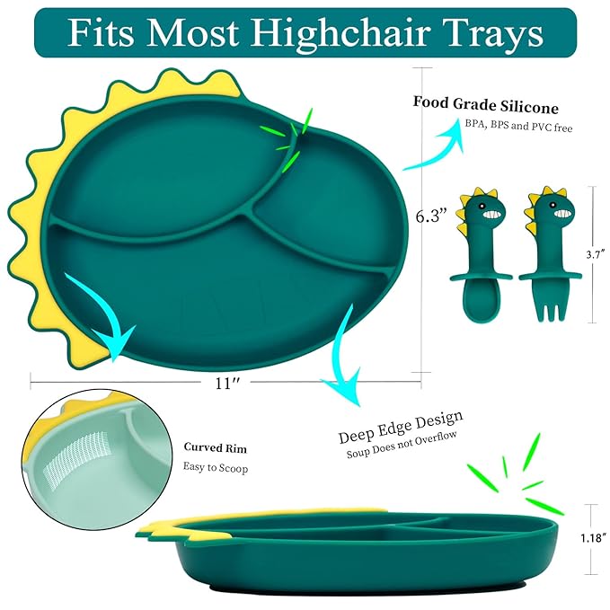 Suction Plates for Baby,Silicone Toddler Plates with Spoon Fork set Divided Dinosaurs Plates Self Feeding Training Baby Dinner Plate-Blue Dinosaurs Plate Set