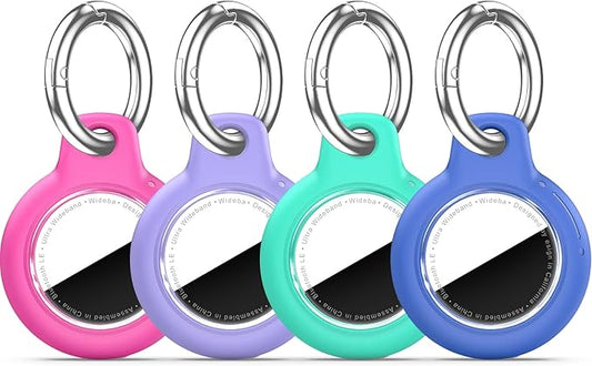 Upgrade Waterproof 4 Pack Airtags Holder with Apple Airtags Keychain, Hard PC Air Tag Case, Anti-Scratch & Shock Air tag Holder, Men's Women's Keyrings & Keychains -Rose Red+Purple+Blue+Green