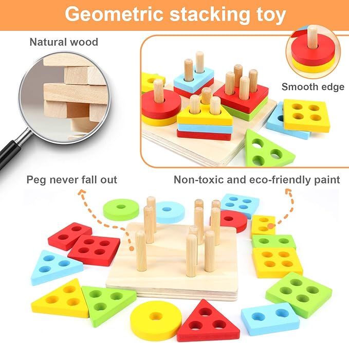WOOD CITY Wooden Montessori Sorting & Stacking Toys for Toddlers 1 2 3 Year Old, Educational Shape Color Recognition Puzzle Stacker, Development & Learning Toys Boys Girls
