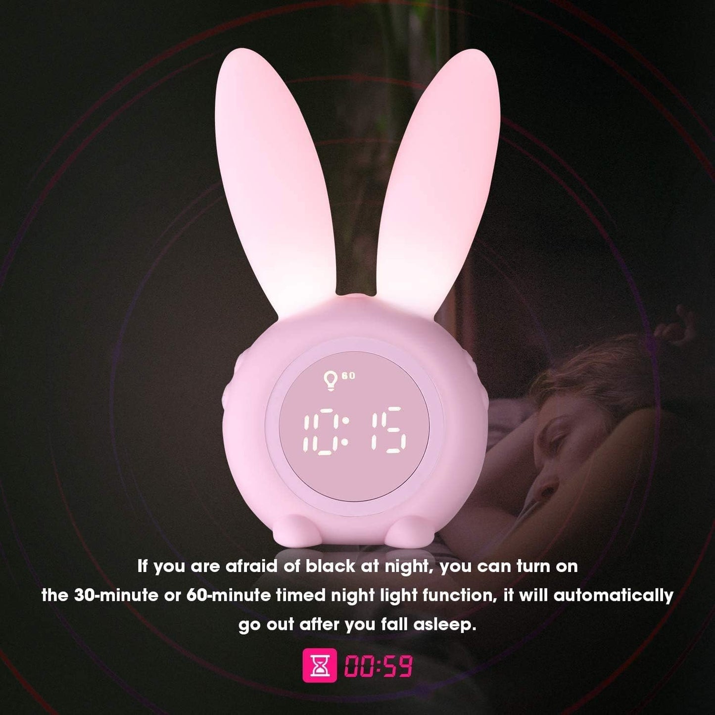 KDtech Kids Alarm Clock with Night Light 6 Ringtones, Cute Pink Bunny Digital Alarm Clock for Kids, Touch Control and Rechargeable Sleep Trainer Clock for Boys Girls Bedroom