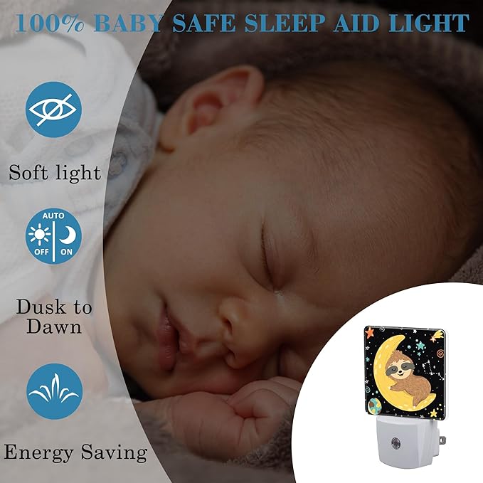 Night Light for Kids Girls Boys, Cute Baby Sloth Sleeping on Moon LED Night Light Plug into Wall with Dusk to Dawn Sensor for Room Decor, Hallway, Kitchen, Bathroom, Nursery, Stairs