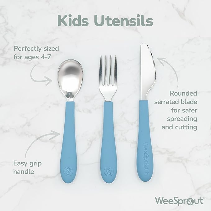 Kids Stainless Steel Utensils Set - Premium 18/8 Grade Silverware Kit - 2 Spoons, 2 Forks, and 2 Knives for Ages 4-7 - Silicone Easy-Grip Handles - Children Flatware Cutlery (Bright - Purple, Pink)
