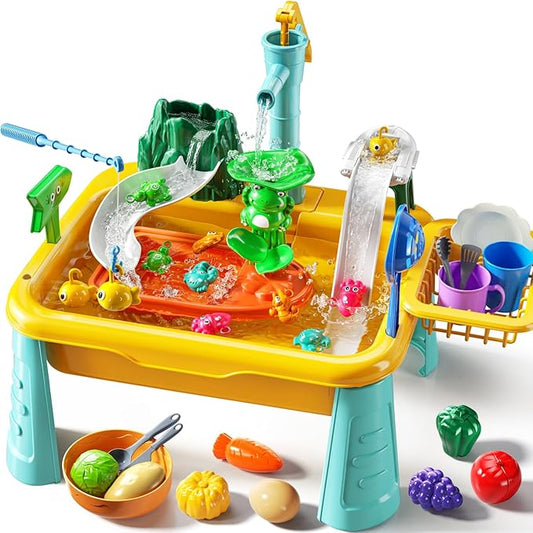 Water Table Play Sink Toy for Kids 3 4 5 6 Years Old - Outdoor Kitchen with Running Water, Fishing Games, Toddler Water Play Table for Kids Ages 3-8, Beach Outdoor Toys, Summer Gifts